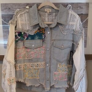 POL Patchwork Light Blue Denim Jacket with Floral Panels